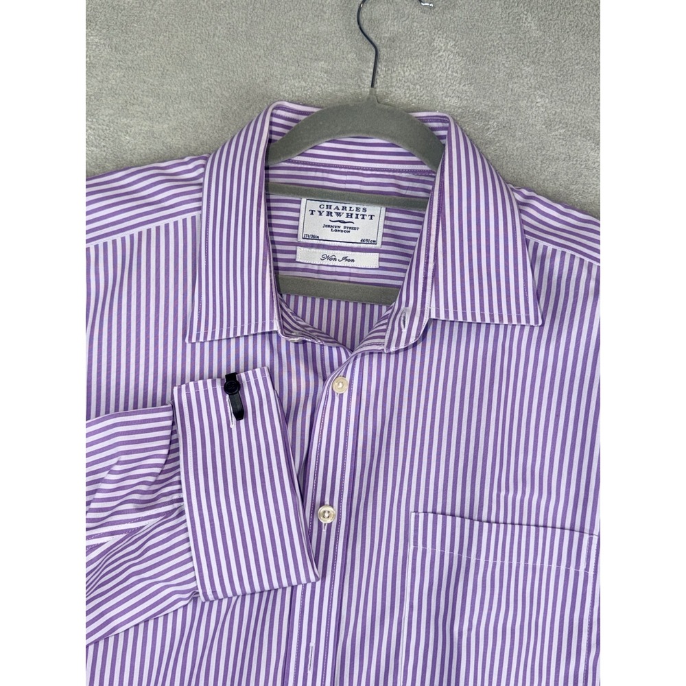 Charles Tyrwhitt Mens 17.5X36 Purple White Striped No Iron French Cuff Shirt NEW